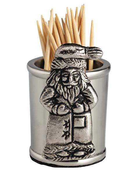 Seasonal - silver Toothpick Holder - Santa with wooden toothpicks in the container 