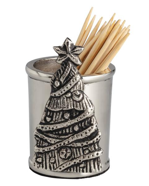 Seasonal - silver Toothpick Holder - tree design with wooden toothpicks in the container 