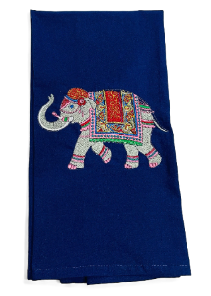 Tea Towel - Moroccan Elephant - Navy- this picture is of a navy tea towel with a colorful elephant on it 
