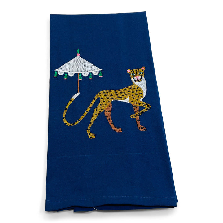 Tea Towel - Cheetah with Umbrella - Navy- picture is of the navy tea towel with a cheetah with an umbrella on a white background 