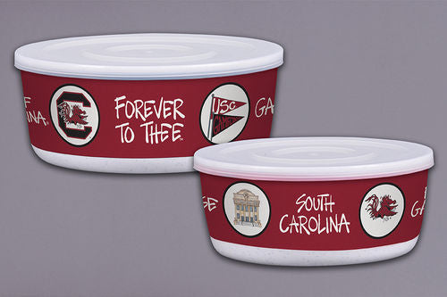 Two red and white bowls with 'South Carolina' text and logos on a gray background