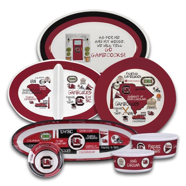 Set of South Carolina-themed dinnerware with red and white design.