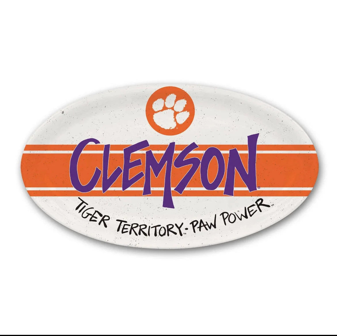 Oval-shaped Clemson logo melamine platter with paw print and text on a white background