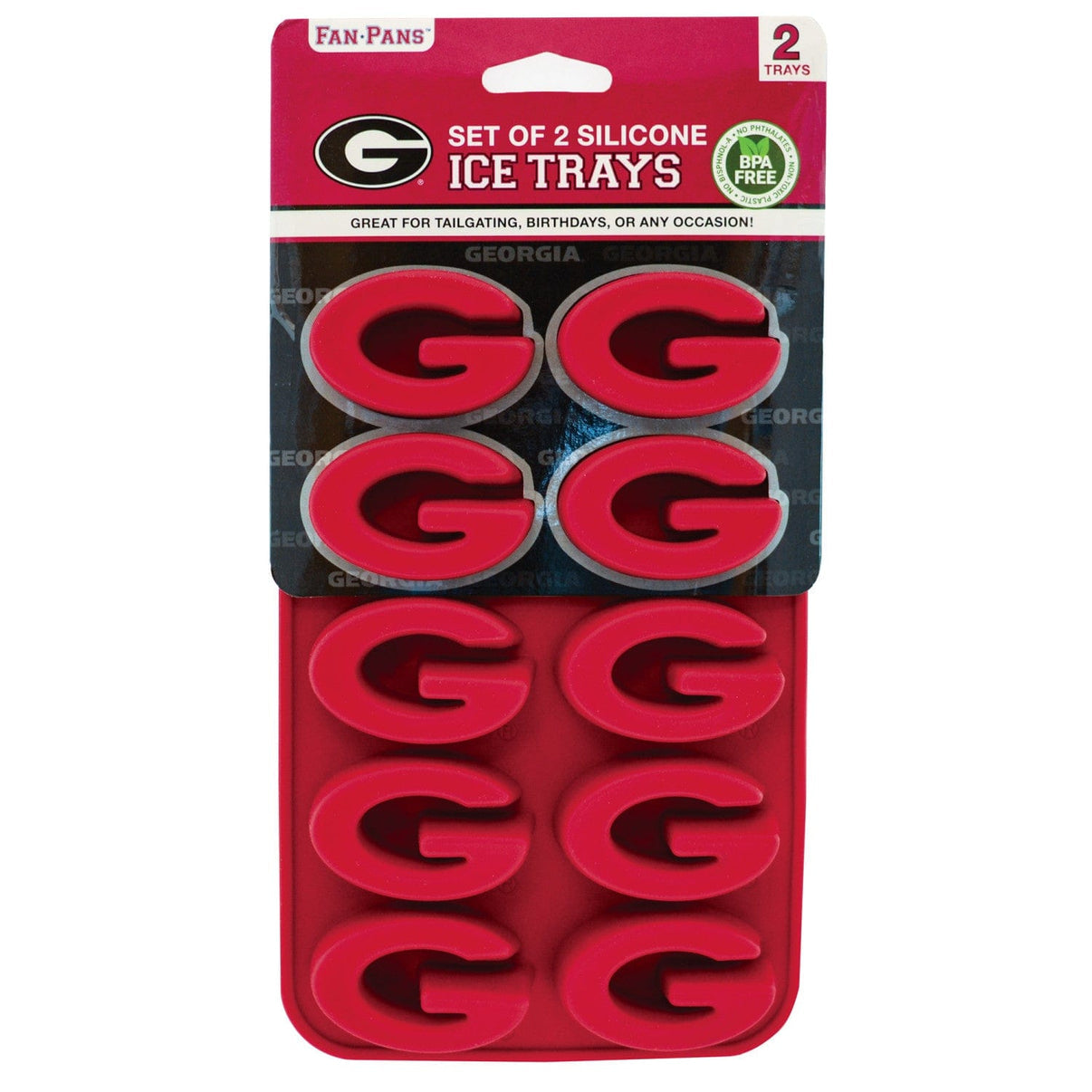 Red silicone ice tray set with 'G’ design in packaging on a white background