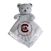Gray teddy bear with a white blanket featuring 'baby gamecock' text and logo on a white background