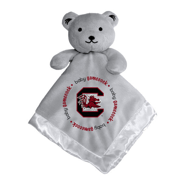 Gray teddy bear with a white blanket featuring 'baby gamecock' text and logo on a white background