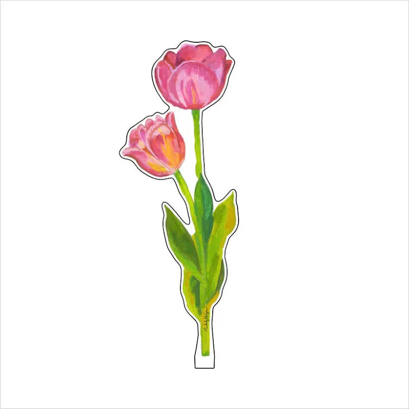 Illustration of two pink tulips cut out on acrylic with green leaves on a white background