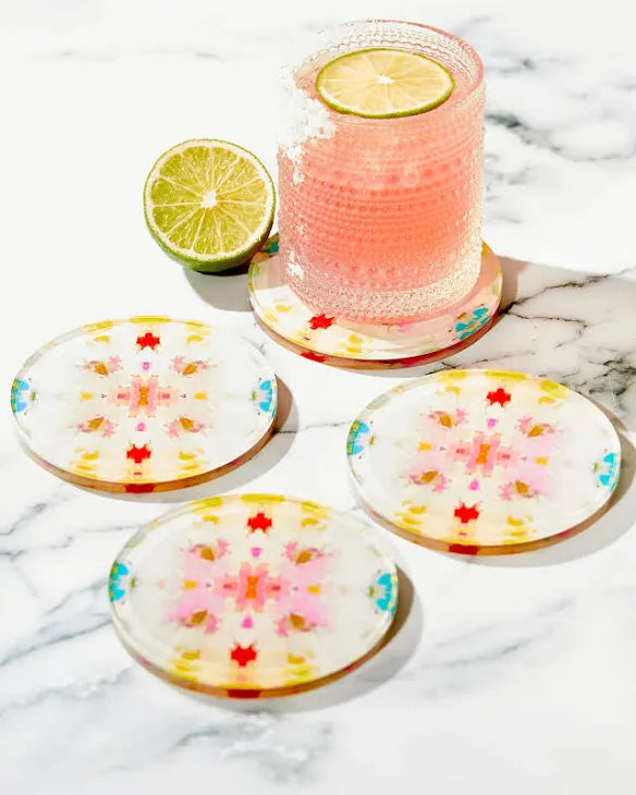 4 Coasters - Giverny print - Laura Park - pink drink with lime accent 