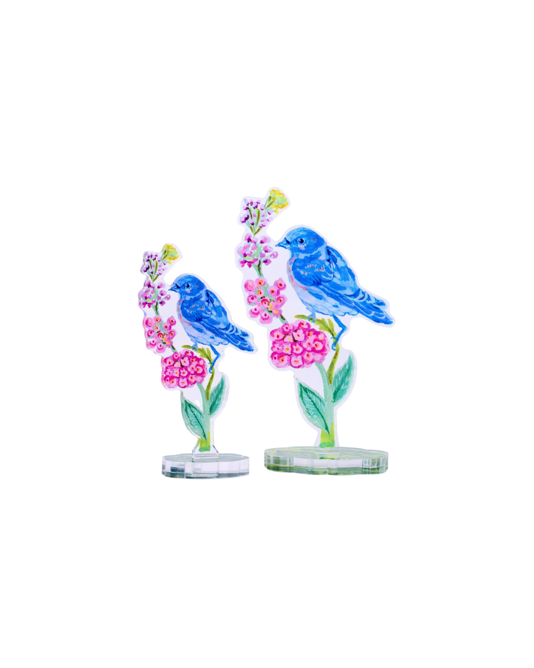 Two blue birds with pink flowers on a white background