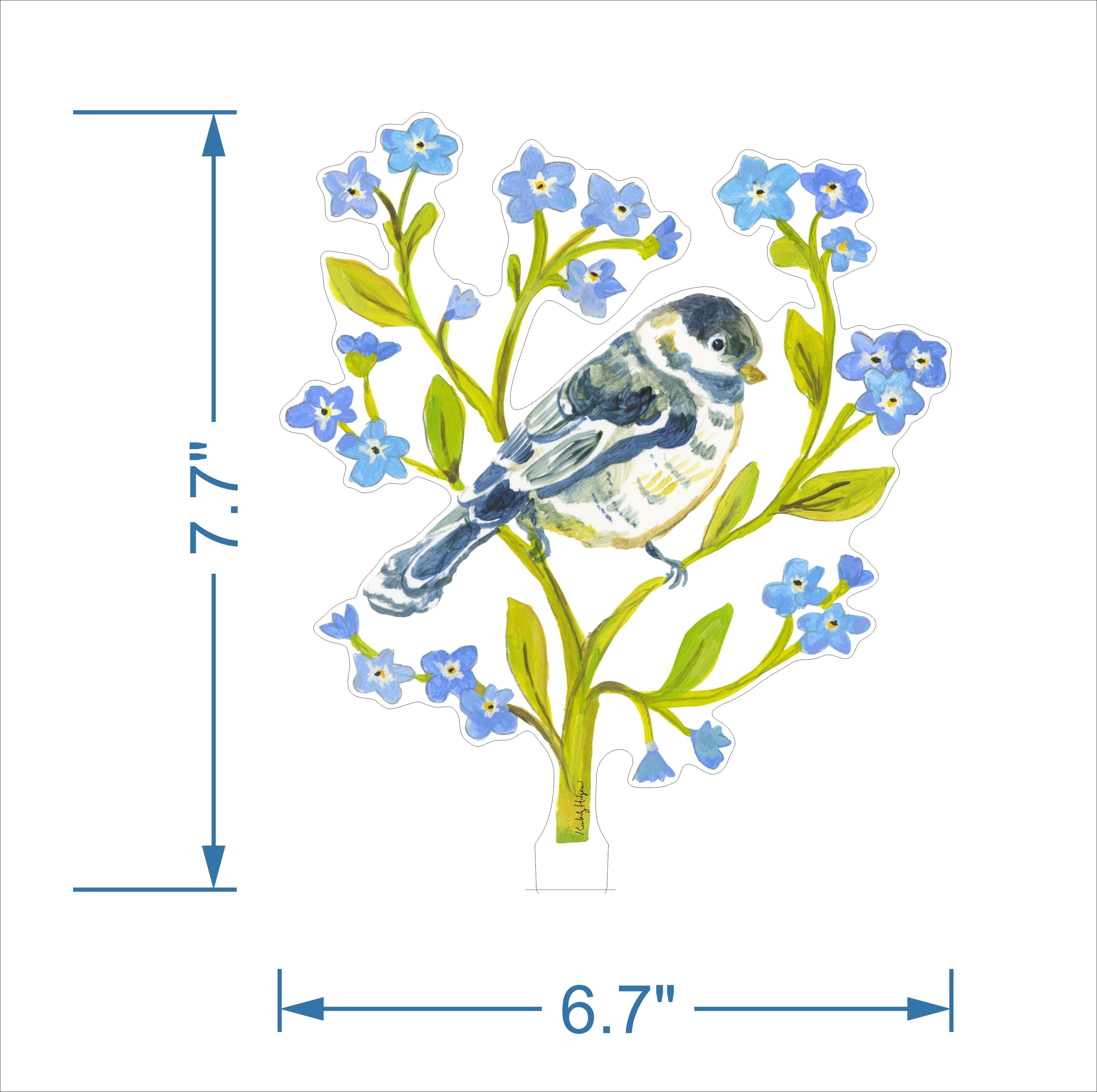 Decorative acrylic bird and flowers, showing dimensions on a white background.