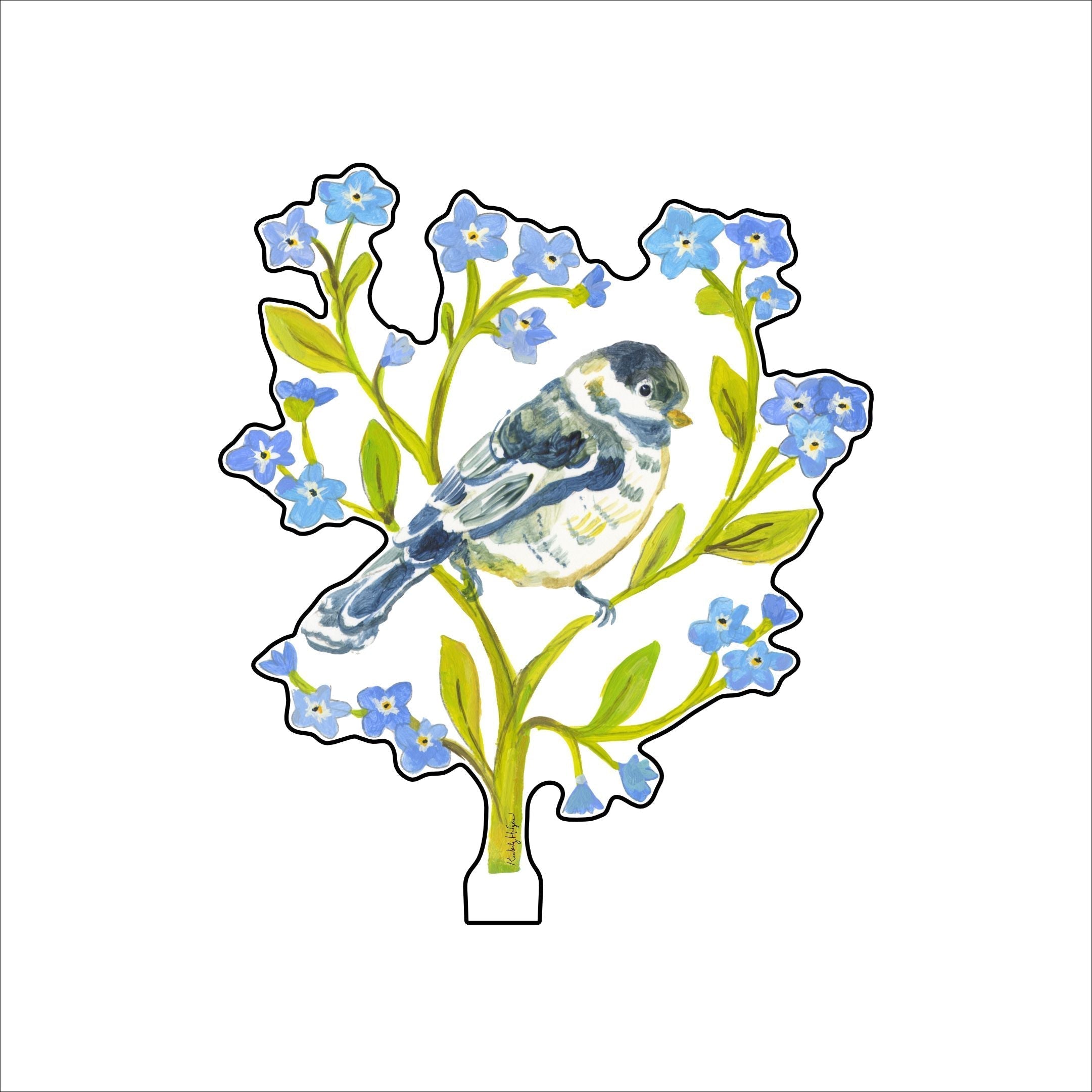 Decorative acrylic design of a bird perched on a branch with blue flowers on a white background