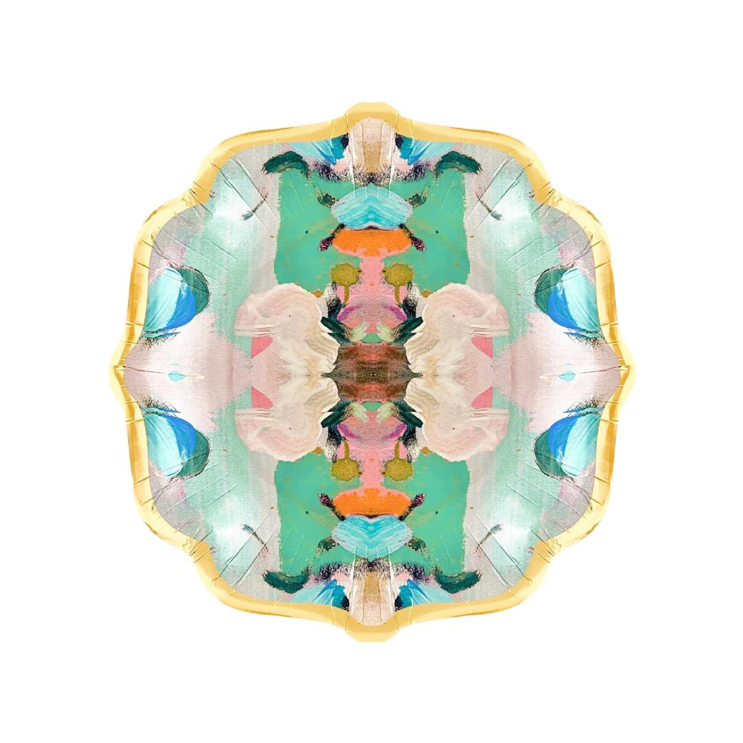 Plates - Paper - Cocktail - Monet's Garden- picture is of a colorful paper plate with gold rimmed around the plate and on a white background