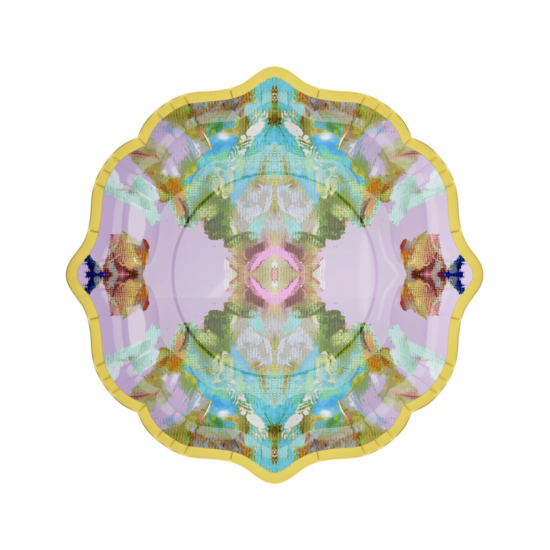 Plates - Paper - Cocktail - Stained Glass Lavender- picture is of a colorful stained glass lavender paper plate with a gold rim on a white background 