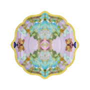 Plates - Paper - Cocktail - Stained Glass Lavender- picture is of a colorful stained glass lavender paper plate with a gold rim on a white background 