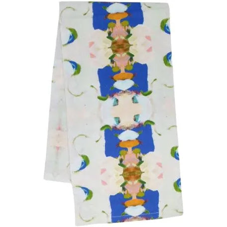 Tea Towel - Monets Garden - Navy- picture is of colorful design on a white tea towel with a white background