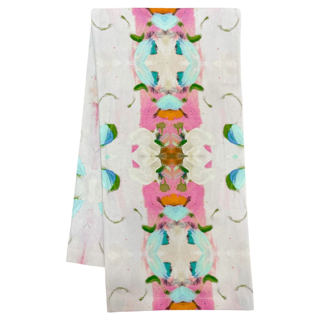 Tea Towel - Monets Garden - Pink- tea towel is on a light pink background with pink and blue and green colors 