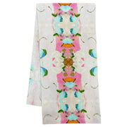 Tea Towel - Monets Garden - Pink- tea towel is on a light pink background with pink and blue and green colors 