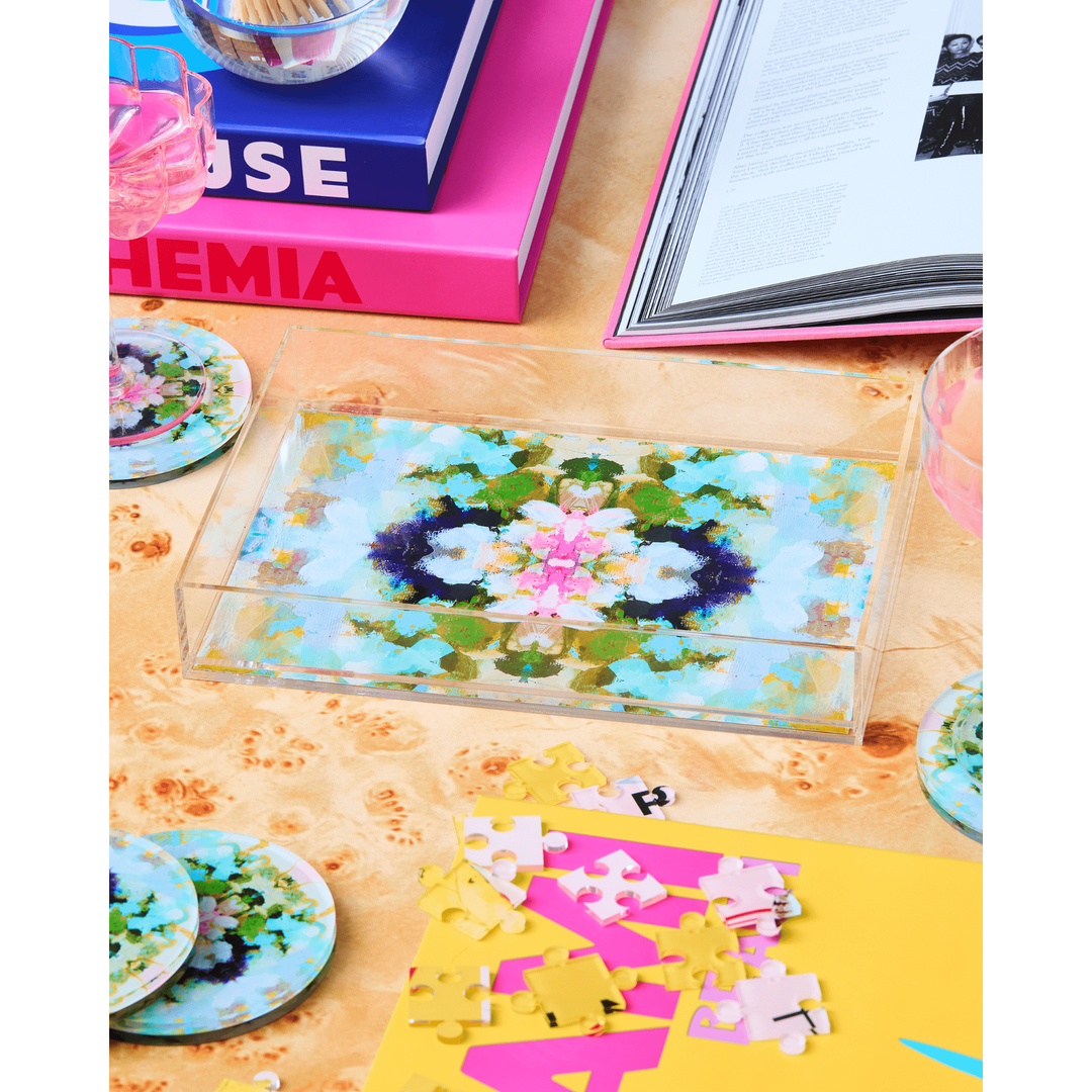 Tray - Nantucket Bloom - Small- this is a picture of the Nantucket colorful design acrylic tray on a table with books and puzzles 