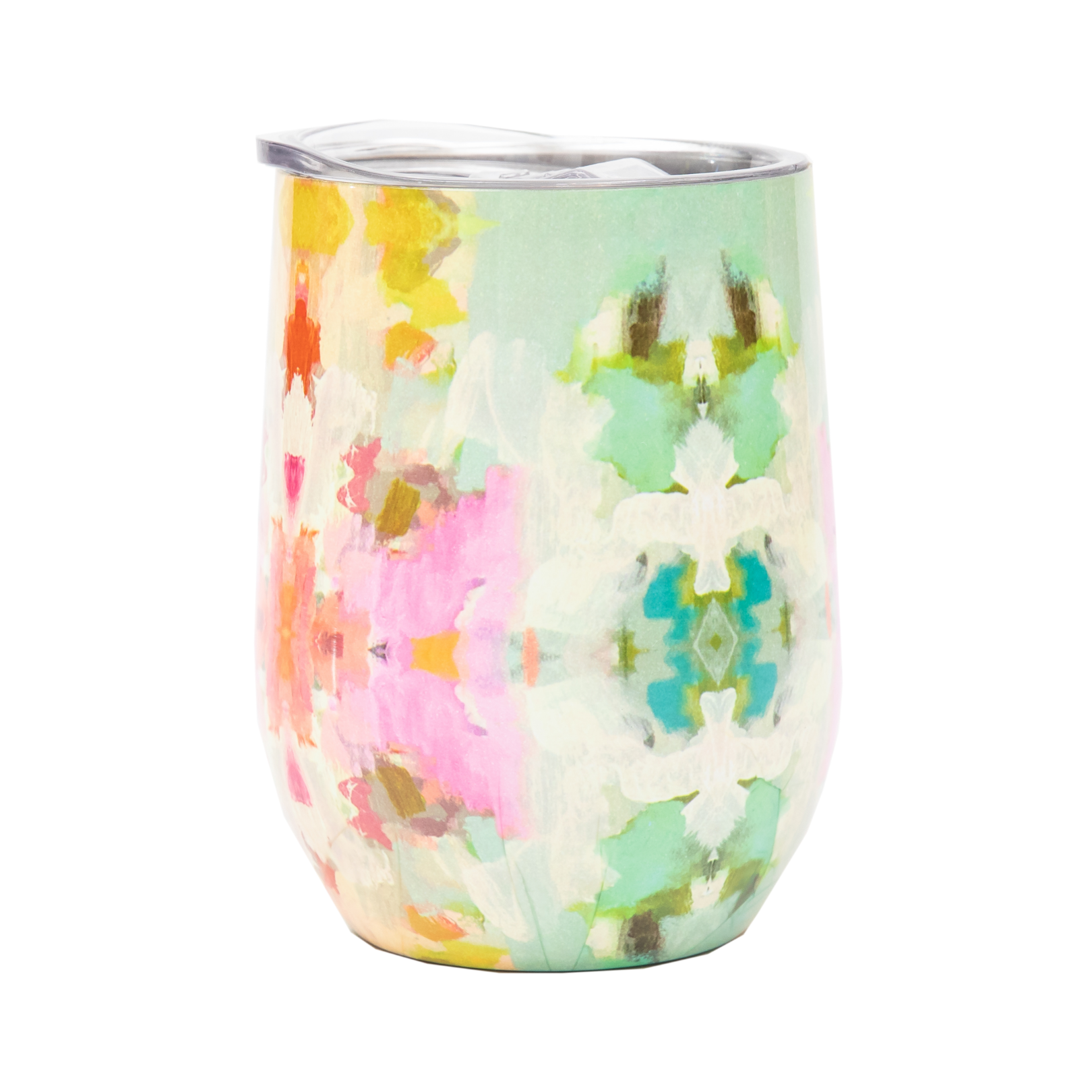 Tumbler - Stemless Wine - Giverny- this is a picture of the stemless wine tumbler in the giverny colorful design with a white background 