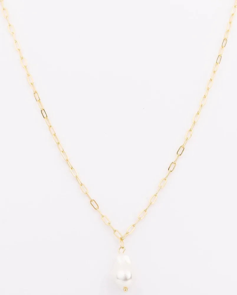 Gold necklace with a pearl pendant on a white background