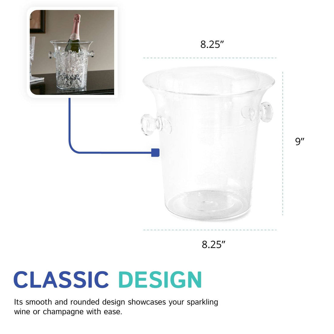 Clear Acrylic champagne ice bucket with white background - shows the words Classic Design 