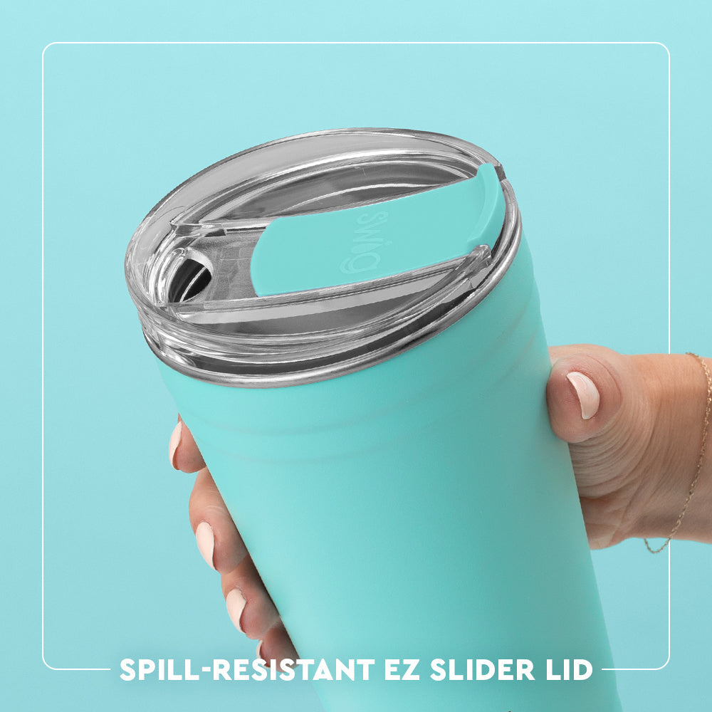 Generic aqua swig photo saying that the product has a spill resistant lid 