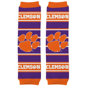 Clemson-themed leg warmers with orange and purple colors on a white background