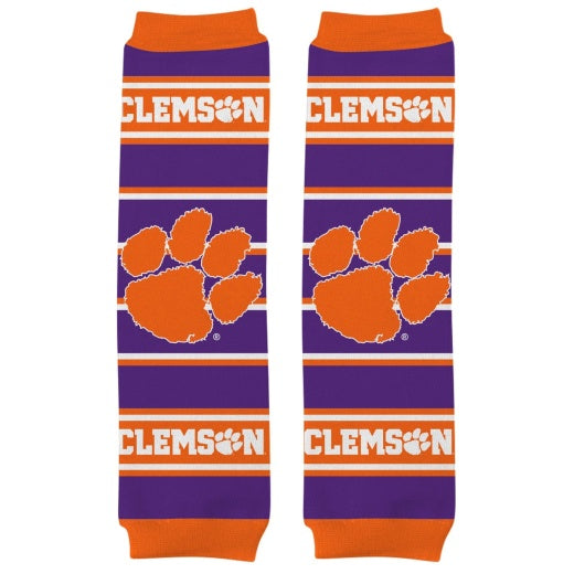 Clemson-themed leg warmers with orange and purple colors on a white background