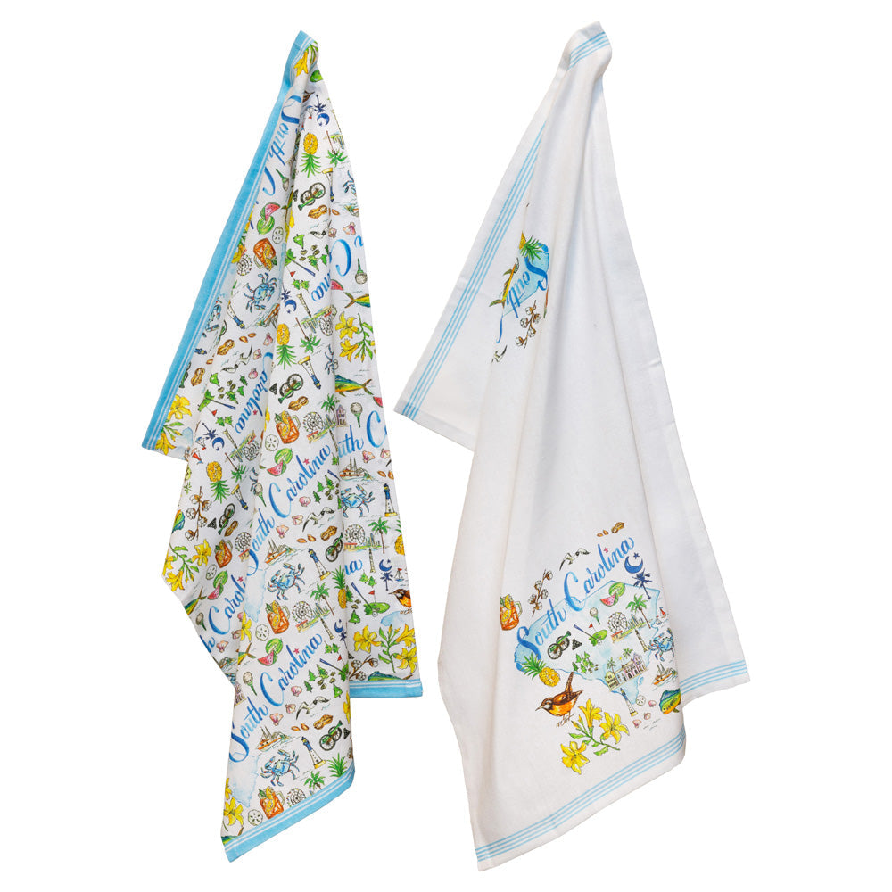 Two decorative towels with colorful patterns on a white background
