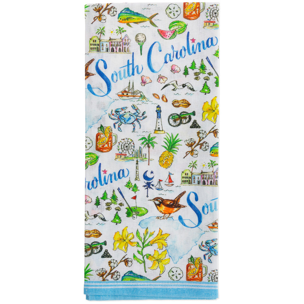 South Carolina-themed decorative towel with various icons and text on a white background