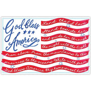 Decorative design Roseanne Beck paper placemat with 'God bless America' text and red wavy lines on a white background