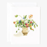 Watercolor notecard painting of a floral arrangement in a vase on a white background