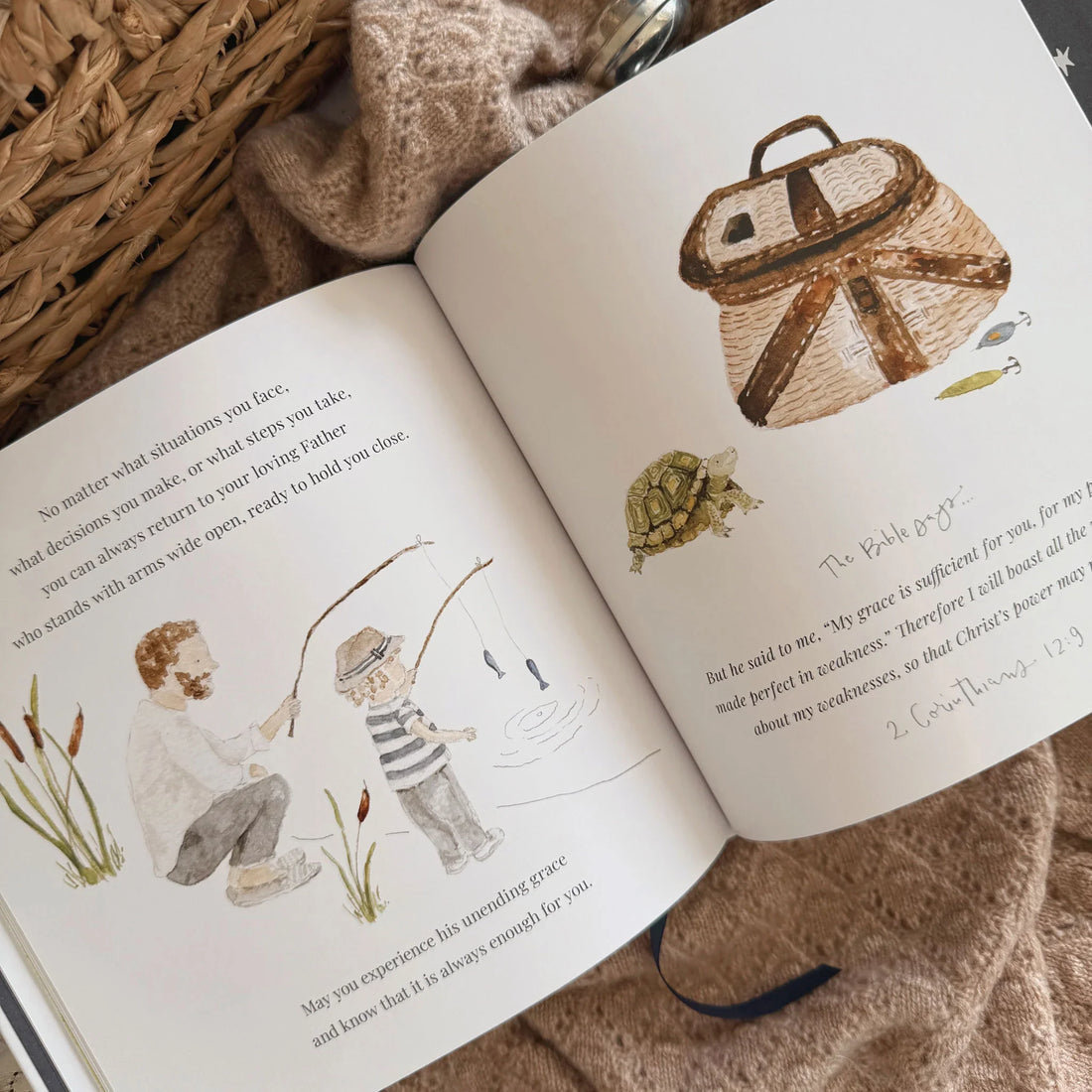 Open book with illustrations of children and a basket on a textured surface