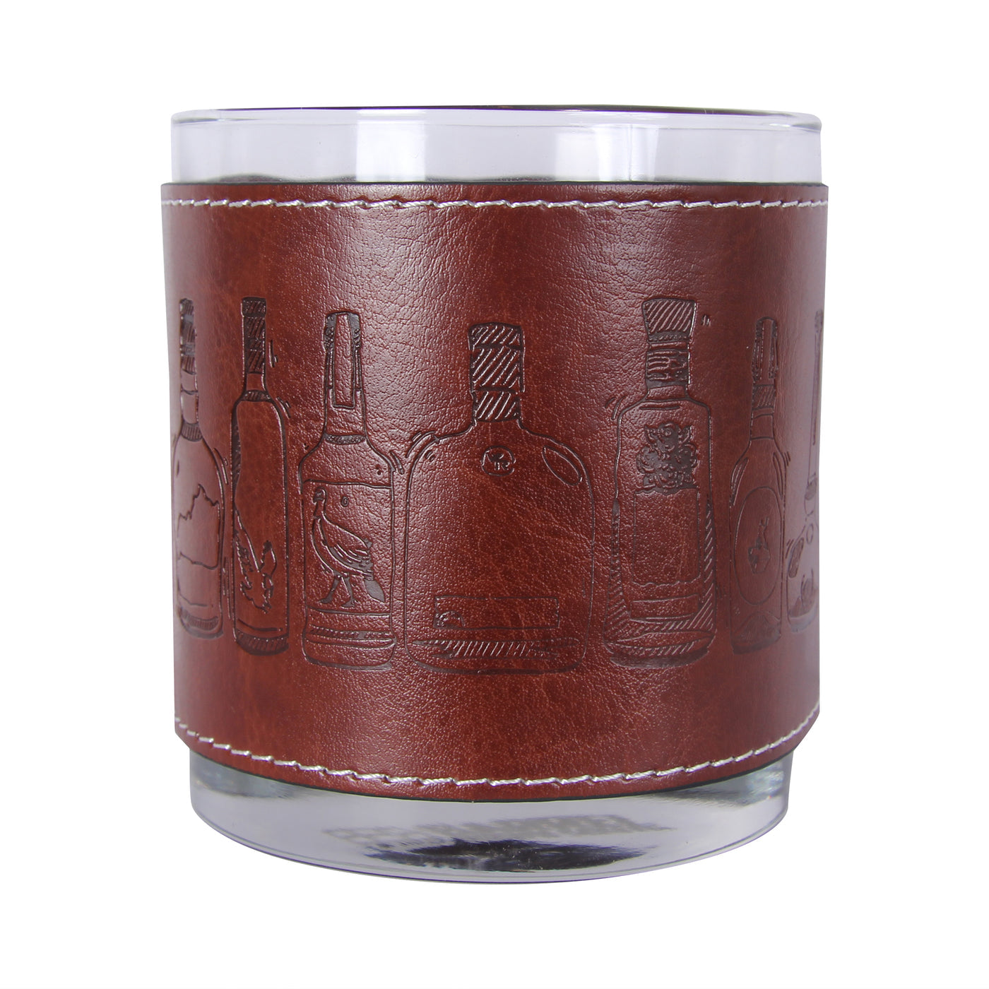 Clear glass tumbler with brown leather wrap featuring embossed bottle designs on a white background