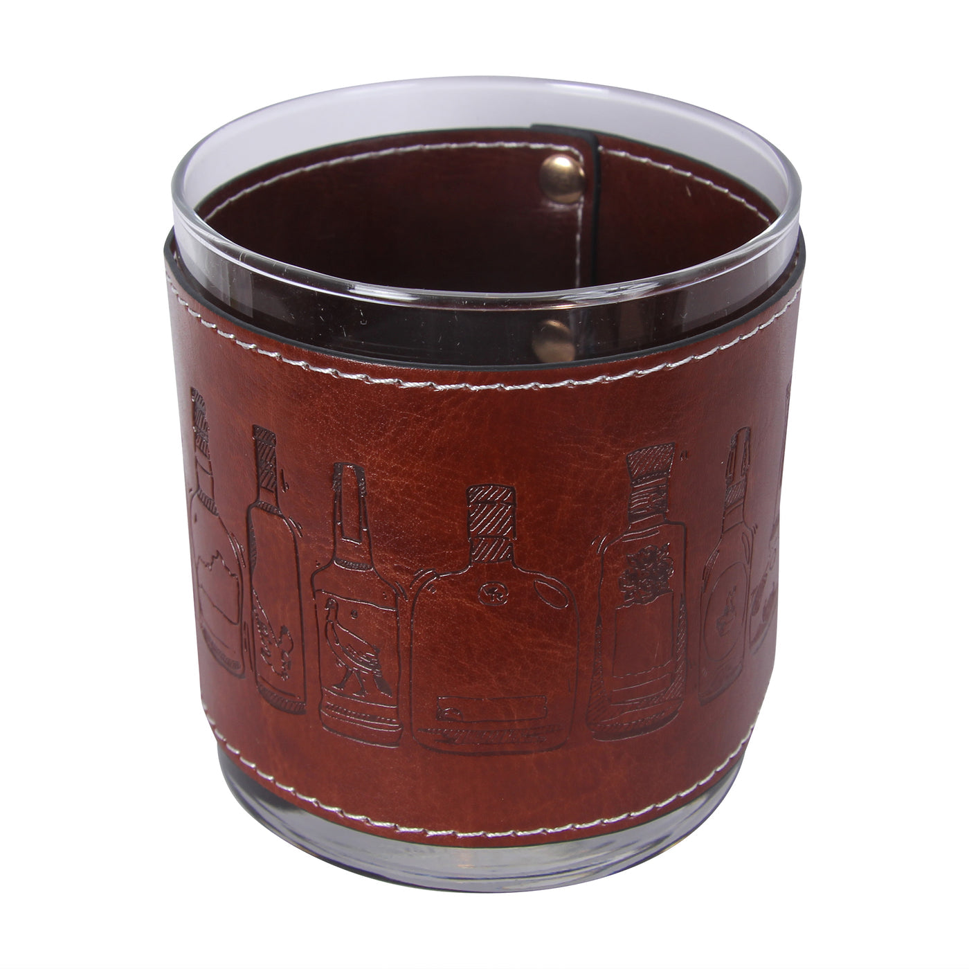 Clear glass with brown leather sleeve featuring embossed designs on a white background