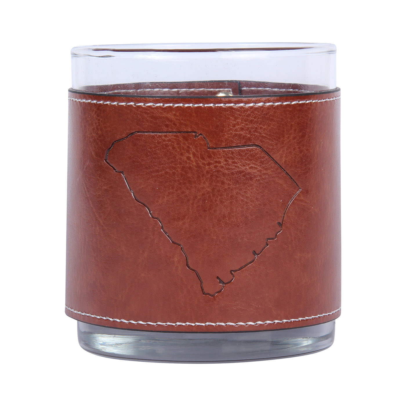 brown leather cover on a drinking glass featuring a South Carolina map design on a white background