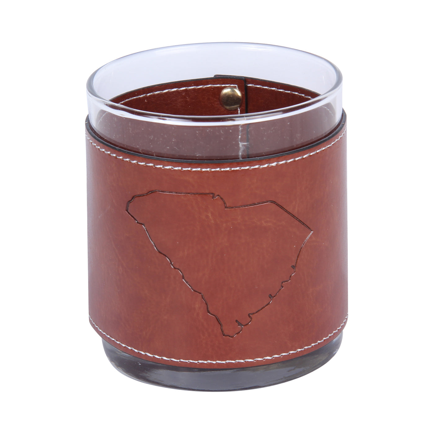 Glass with brown leather wrap featuring a South Carolina map design on a white background