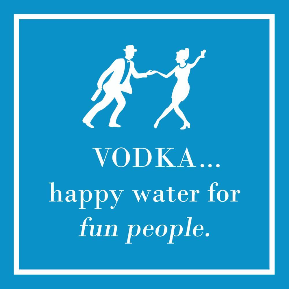 Napkins - Blue background with white silhouette of a man and woman dancing and text 'VODKA... happy water for fun people.'