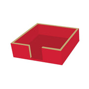 Red square cocktail napkin holder with gold rim on a white background