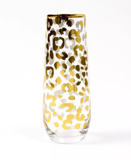 Glass - Stemless Champagne - Gold Leopard- glass is on white background 