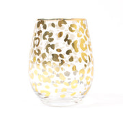 Glass - Stemless Wine - Gold Leopard- cheetah print stemless wine glass is on white background