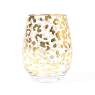 Glass - Stemless Wine - Gold Leopard- cheetah print stemless wine glass is on white background