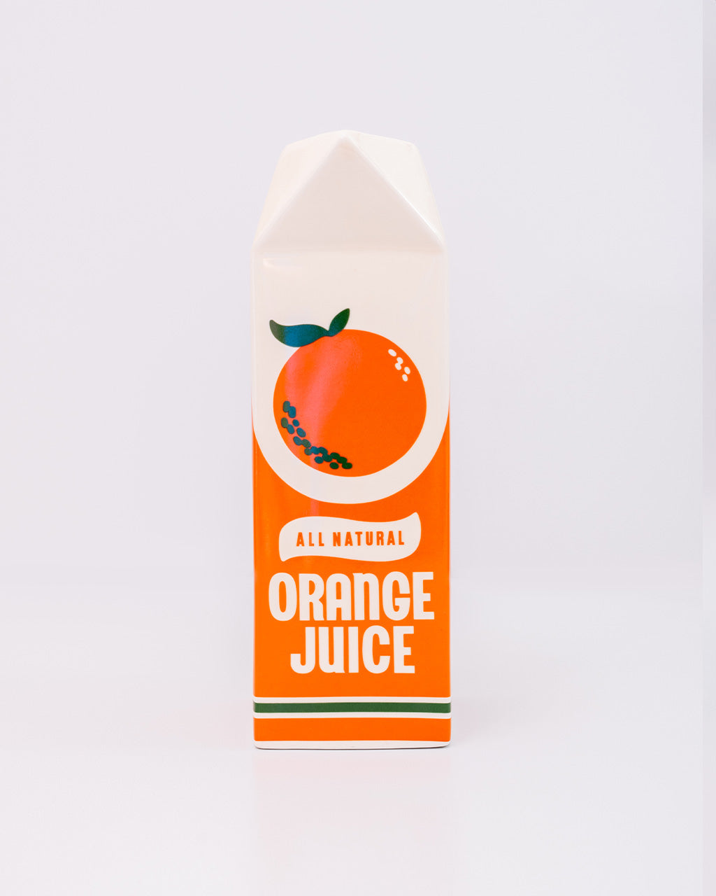 Carton of all natural orange juice with an orange and leaf design on a white background