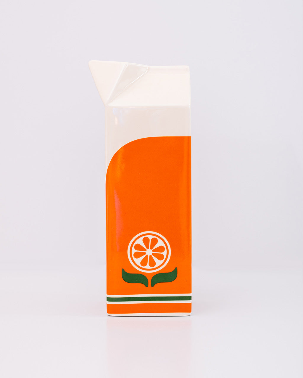 Orange package with a white top and green bottom on a light gray background