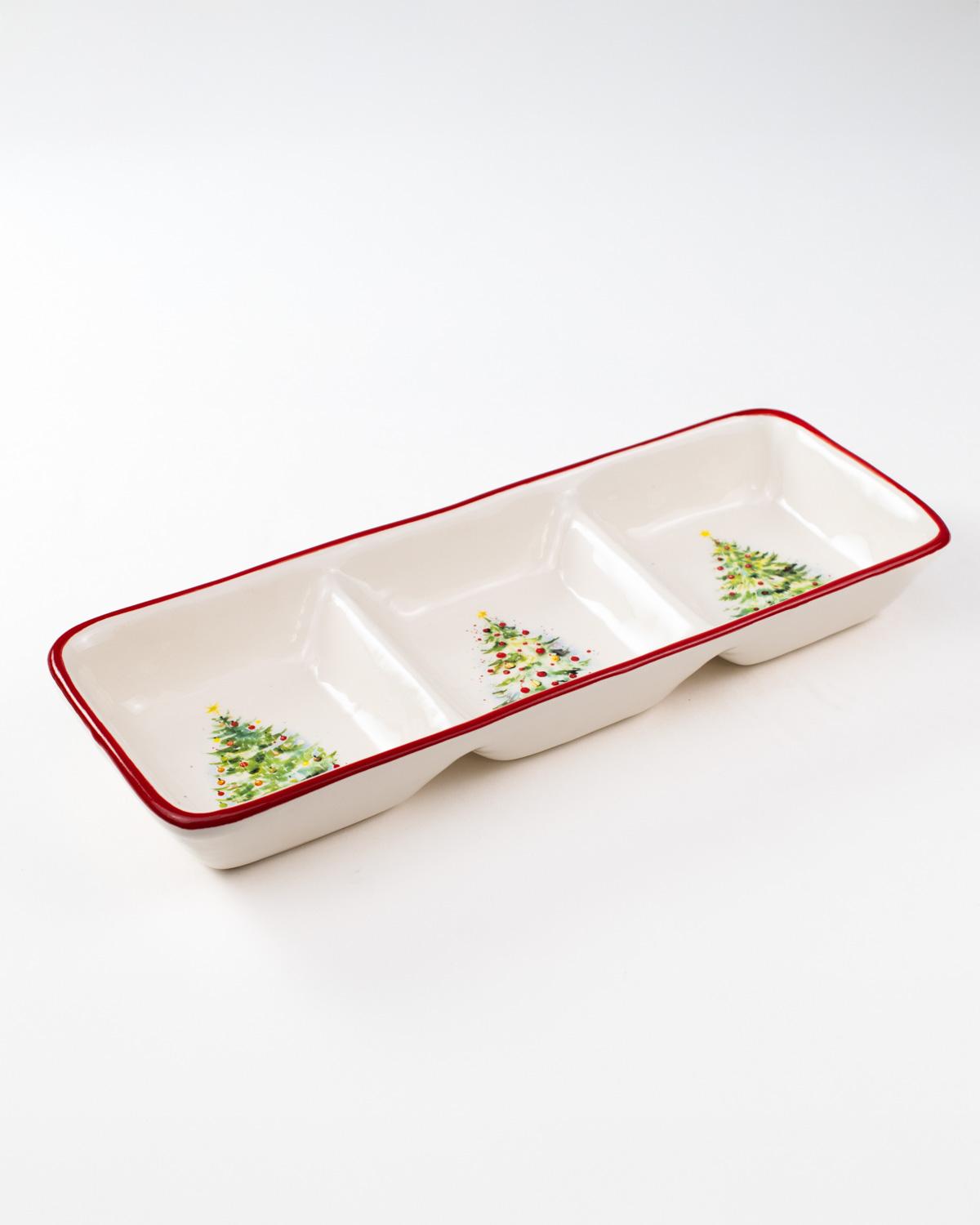 Seasonal - Home Decor - Gloria Tree Divided Tray - angle to show the outside of tray.  Red trim.  