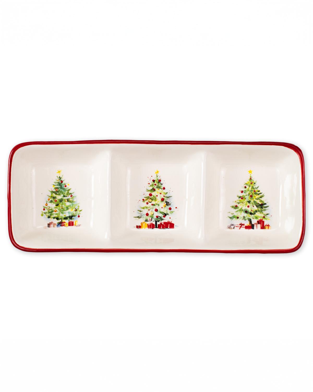 Seasonal - Home Decor - Gloria Tree Divided Tray with red trim and Christmas trees in each section of the tray.  