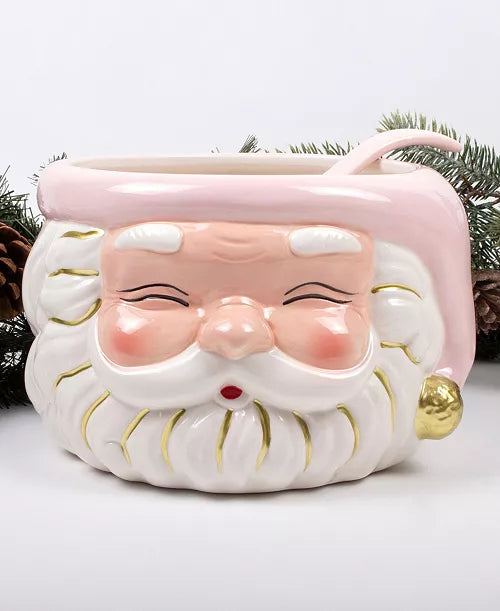 Seasonal - Home Decor- Santa Punch Bowl - Pink hat and pink ladle.  Evergreen branch behind product.  