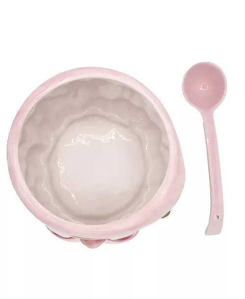 Seasonal - Home Decor- Santa Punch Bowl - Pink hat and pink ladle. Photo taken from above as to show the inside of the punch bowl. 