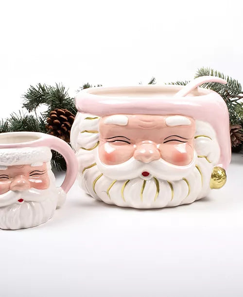 Seasonal - Home Decor- Santa Punch Bowl - Pink hat and pink ladle.  Also shows a matching Santa mug.  Evergreen branch behind product.  