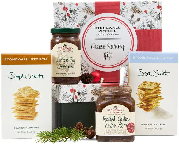Seasonal - Gift -Cheese Pairing Collection 2 jars of spread and 2 boxes of crackers with a decorative display box behind it. 